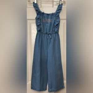Bebe Girls Denim Embroidered Jumpsuit Size 3T Kids Ruffled Cotton